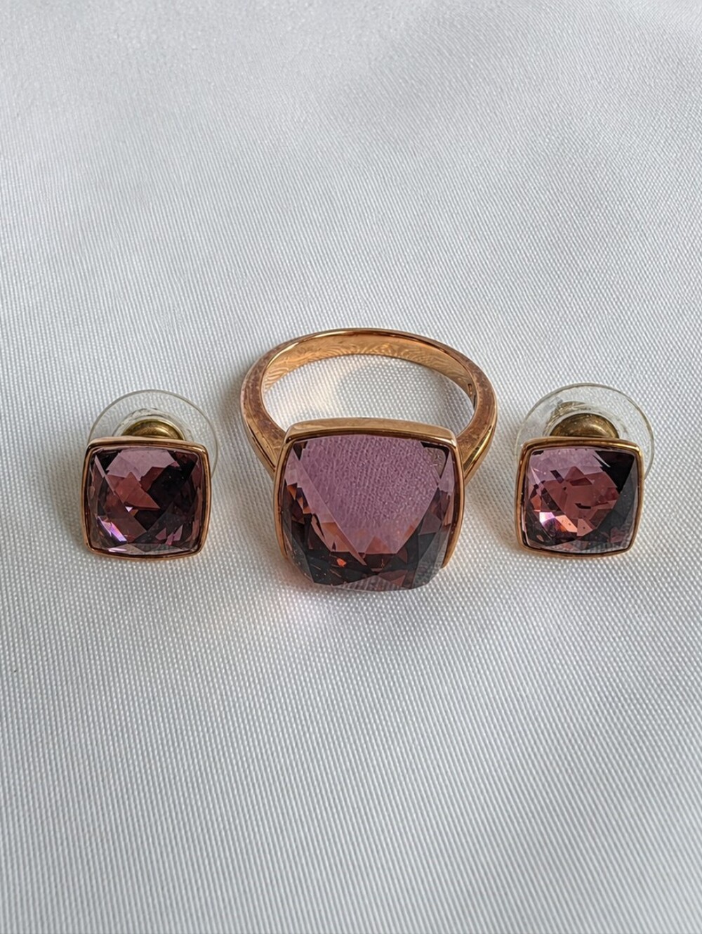 Swarovski Rose Gold Purple Crystal Ring & Stud Earrings Set Size 52 w/ Box